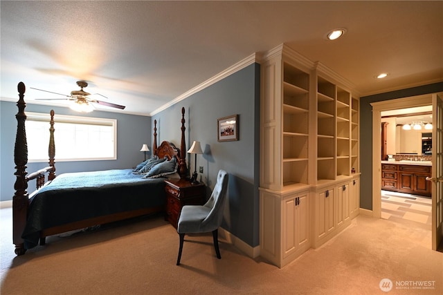 804 S Park Ct, Lynden, WA 98264 - bedroom featuring light carpet, ornamental molding, recessed lighting, ensuite bath, and ceiling fan