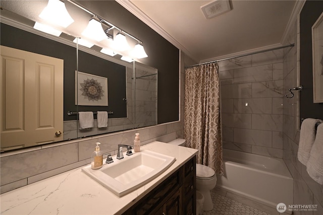 804 S Park Ct, Lynden, WA 98264 - full bathroom featuring ornamental molding, vanity, shower / bath combo with shower curtain, and tile patterned flooring