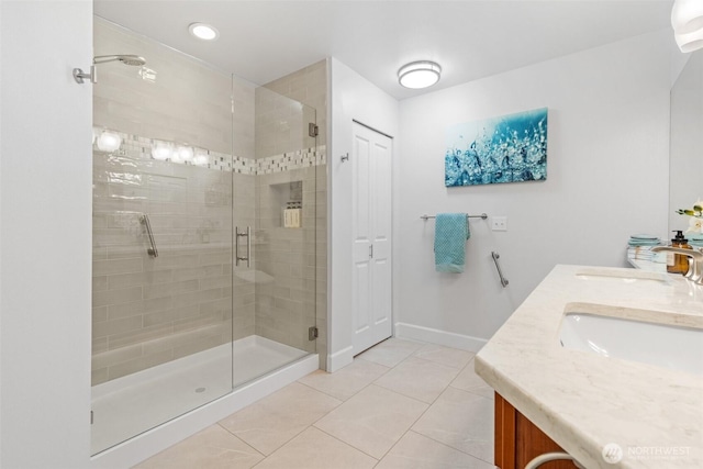 7114 Hazel Pl SE, Auburn, WA 98092 - bathroom featuring a stall shower, double vanity, tile patterned floors, and recessed lighting