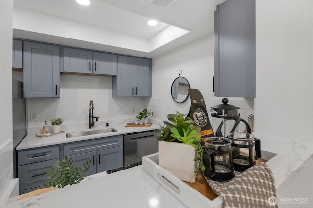 14600 NE 32nd St Unit I4, Bellevue, WA 98007 - kitchen with dishwashing machine, gray cabinetry, backsplash, and recessed lighting