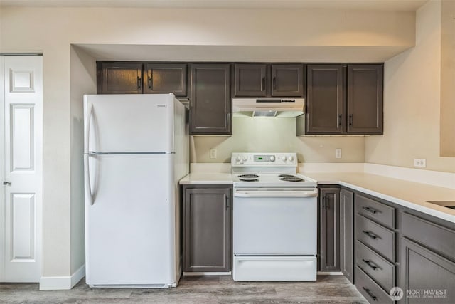1124 S 23rd St, Tacoma, WA 98405 - kitchen with white appliances, under cabinet range hood, light wood finished floors, light countertops, and dark brown cabinets