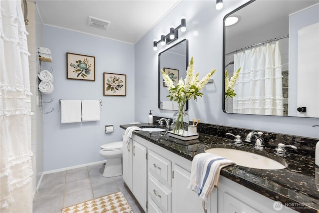 15052 253rd Ave SE, Issaquah, WA 98027 - full bath with double vanity, tile patterned flooring, curtained shower, and crown molding