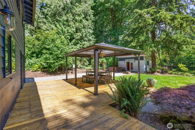 15052 253rd Ave SE, Issaquah, WA 98027 - wooden terrace featuring a gazebo and an outbuilding
