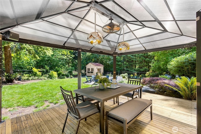 15052 253rd Ave SE, Issaquah, WA 98027 - wooden terrace with outdoor dining space, a gazebo, and a shed
