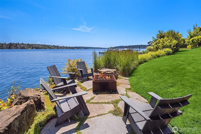7964 E Mercer Way, Mercer Island, WA 98040 - view of patio / terrace featuring a fire pit and a water view