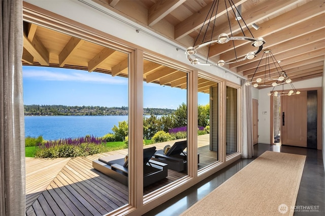7964 E Mercer Way, Mercer Island, WA 98040 - miscellaneous room with a chandelier, a water view, and beam ceiling