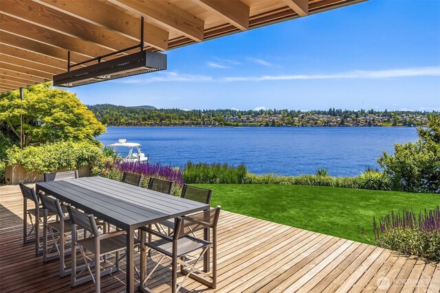 7964 E Mercer Way, Mercer Island, WA 98040 - wooden deck with a water view, a lawn, and outdoor dining area