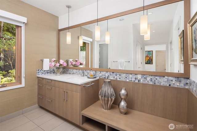 7964 E Mercer Way, Mercer Island, WA 98040 - bathroom with vanity, tile patterned flooring, and backsplash