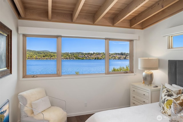 7964 E Mercer Way, Mercer Island, WA 98040 - bedroom with a water view, beamed ceiling, and wood finished floors