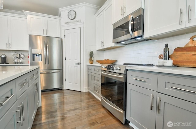4704 204th Ct E, Spanaway, WA 98387 - kitchen featuring stainless steel appliances, gray cabinets, and backsplash