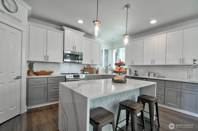4704 204th Ct E, Spanaway, WA 98387 - kitchen featuring gray cabinetry, stainless steel appliances, dark wood-type flooring, tasteful backsplash, and recessed lighting