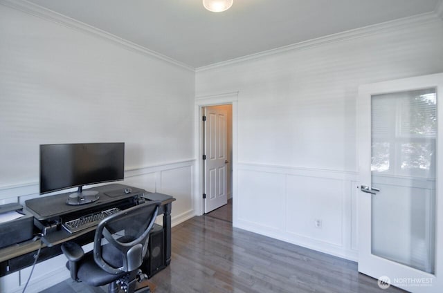 4704 204th Ct E, Spanaway, WA 98387 - office area with crown molding, wood finished floors, a decorative wall, and a wainscoted wall