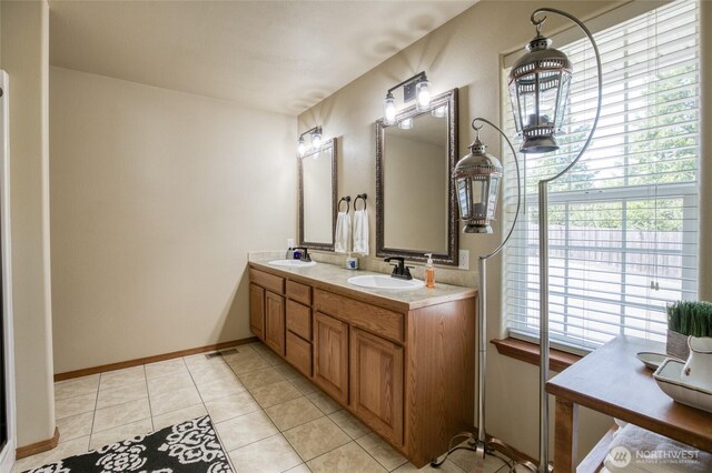 108 Garden Pl, Elma, WA 98541 - full bath featuring double vanity, tile patterned flooring, and baseboards