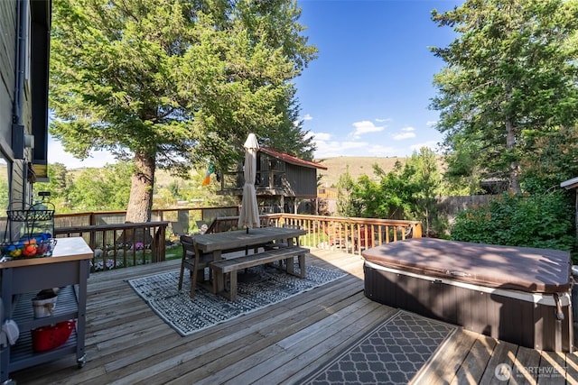 111 Norfolk Rd, Winthrop, WA 98862 - wooden deck featuring a covered hot tub and outdoor dining space