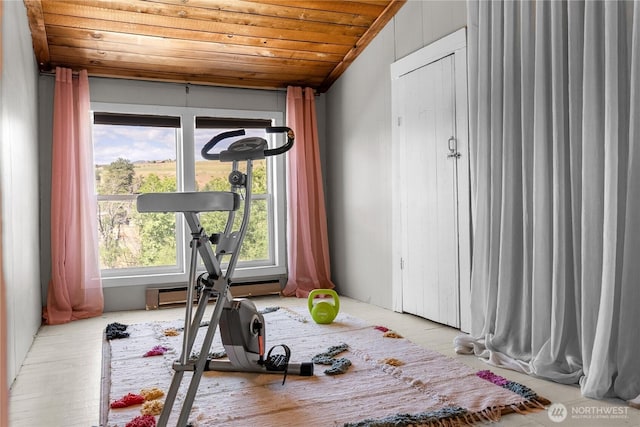 111 Norfolk Rd, Winthrop, WA 98862 - exercise room featuring wooden ceiling and wood finished floors