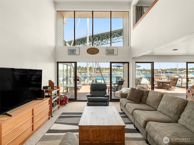 2900 Westlake Ave N, Seattle, WA 98109 - living room featuring a high ceiling and carpet