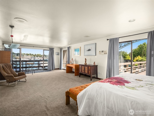 2900 Westlake Ave N, Seattle, WA 98109 - bedroom featuring access to outside, multiple windows, carpet, and a water view