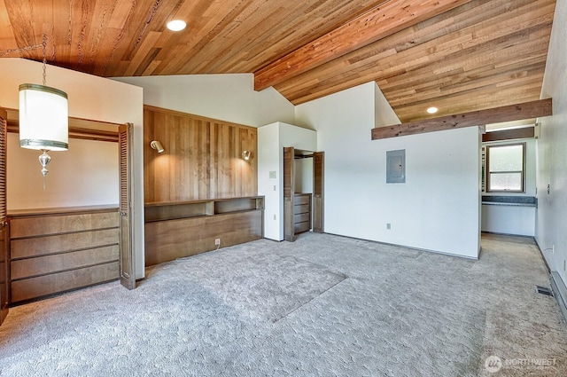 2781 Lake Whatcom Blvd, Bellingham, WA 98229 - unfurnished living room featuring electric panel, carpet floors, and wooden ceiling