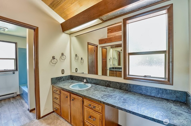 2781 Lake Whatcom Blvd, Bellingham, WA 98229 - bathroom with lofted ceiling, vanity, wood finished floors, wooden ceiling, and a baseboard heating unit
