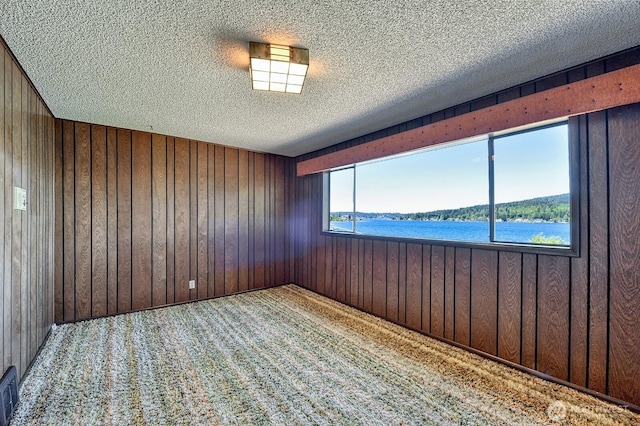 2781 Lake Whatcom Blvd, Bellingham, WA 98229 - carpeted spare room with a textured ceiling, a water view, and wood walls