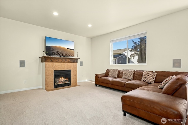 4915 NE 5th St, Renton, WA 98059 - carpeted living area with baseboards, recessed lighting, and a fireplace with flush hearth