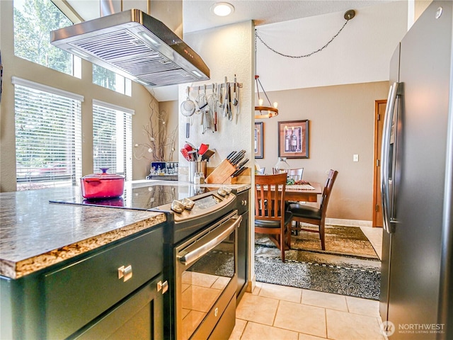 4425 65th St E, Tacoma, WA 98443 - kitchen featuring stainless steel appliances, green cabinetry, range hood, and light tile patterned flooring
