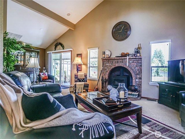 4425 65th St E, Tacoma, WA 98443 - living room with carpet, high vaulted ceiling, plenty of natural light, beam ceiling, and a fireplace