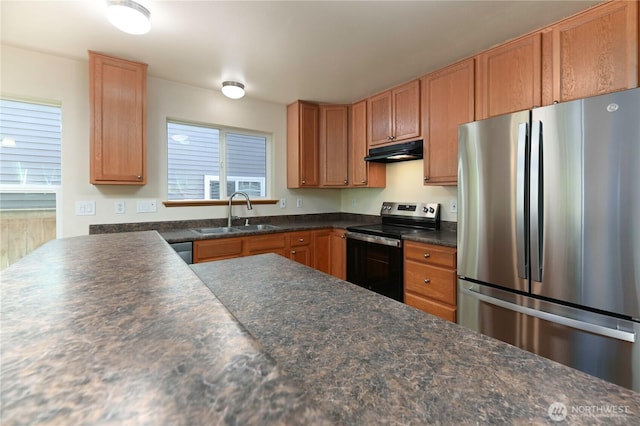 2413 106th Dr SE, Lake Stevens, WA 98258 - kitchen with stainless steel appliances, under cabinet range hood, a sink, dark countertops, and brown cabinets