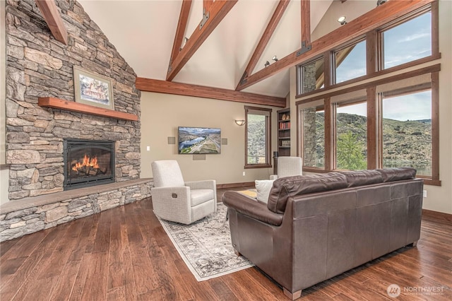 24386 US Highway 97, Chelan, WA 98816 - living room with a fireplace, high vaulted ceiling, baseboards, wood finished floors, and beamed ceiling