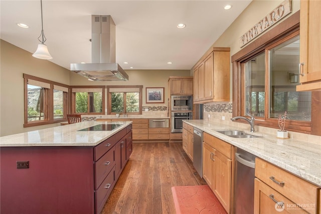 24386 US Highway 97, Chelan, WA 98816 - kitchen featuring appliances with stainless steel finishes, island range hood, a sink, a warming drawer, and recessed lighting