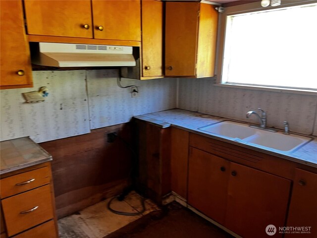 2405 Elmway, Okanogan, WA 98840 - kitchen with under cabinet range hood, a sink, and brown cabinetry