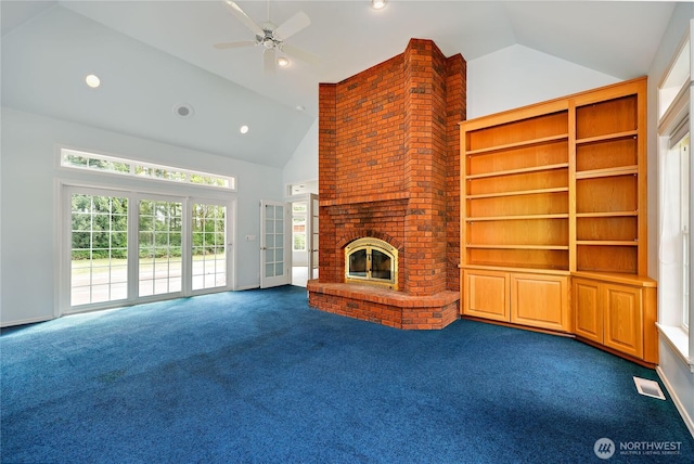 2800 Cliff St, Port Townsend, WA 98368 - unfurnished living room with dark carpet, a ceiling fan, a brick fireplace, high vaulted ceiling, and recessed lighting