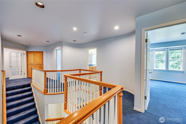 2800 Cliff St, Port Townsend, WA 98368 - hallway with dark colored carpet, an upstairs landing, and recessed lighting