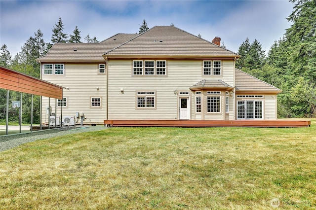 2800 Cliff St, Port Townsend, WA 98368 - rear view of property featuring a chimney, a wooden deck, and a lawn
