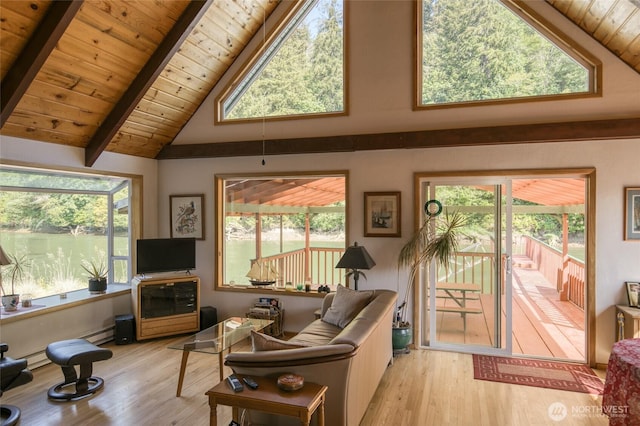 1211 E Market St, Aberdeen, WA 98520 - living area featuring light wood finished floors, wooden ceiling with exposed beams, baseboard heating, and high vaulted ceiling