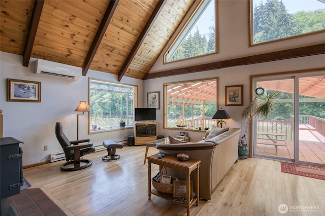 1211 E Market St, Aberdeen, WA 98520 - living room with an AC wall unit, wooden ceiling with exposed beams, high vaulted ceiling, light wood-style flooring, and a baseboard radiator