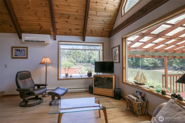 1211 E Market St, Aberdeen, WA 98520 - living area with wood finished floors, a wall mounted air conditioner, wooden ceiling, and a baseboard radiator