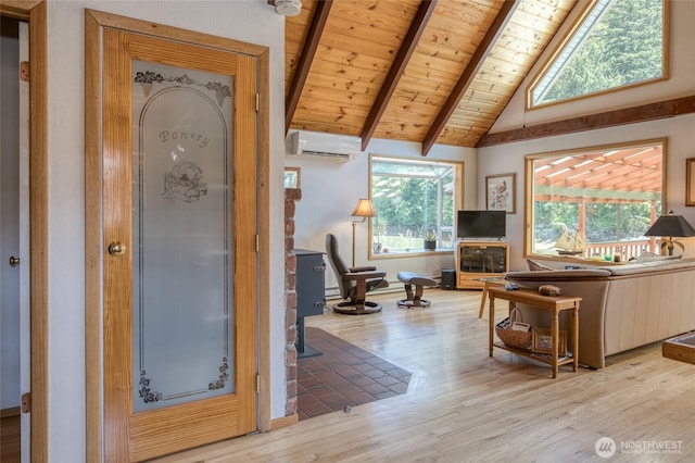 1211 E Market St, Aberdeen, WA 98520 - living area with an AC wall unit, wood finished floors, high vaulted ceiling, a wood stove, and wooden ceiling with exposed beams