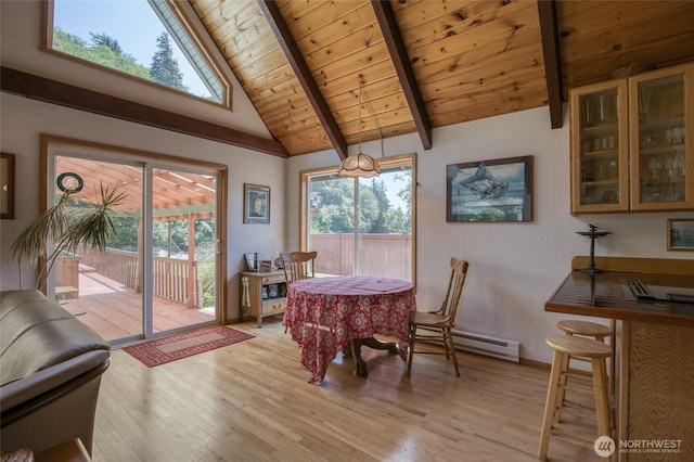 1211 E Market St, Aberdeen, WA 98520 - dining area with wood ceiling, a baseboard radiator, light wood-type flooring, and baseboards