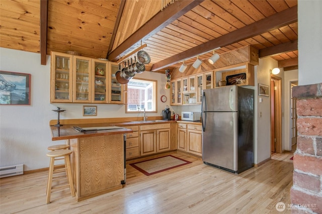 1211 E Market St, Aberdeen, WA 98520 - kitchen featuring freestanding refrigerator, white microwave, wooden ceiling, a sink, and light wood-type flooring