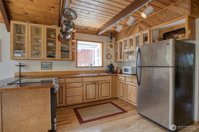 1211 E Market St, Aberdeen, WA 98520 - kitchen featuring appliances with stainless steel finishes, wooden ceiling with exposed beams, light wood-style floors, a sink, and track lighting