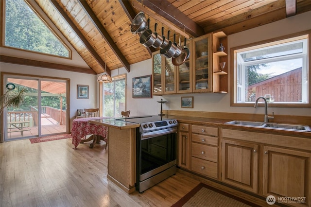 1211 E Market St, Aberdeen, WA 98520 - kitchen with a sink, wooden ceiling, stainless steel range with electric stovetop, a peninsula, and light wood finished floors