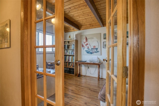 1211 E Market St, Aberdeen, WA 98520 - hall with french doors, wood ceiling with exposed beams, wood finished floors, and baseboards