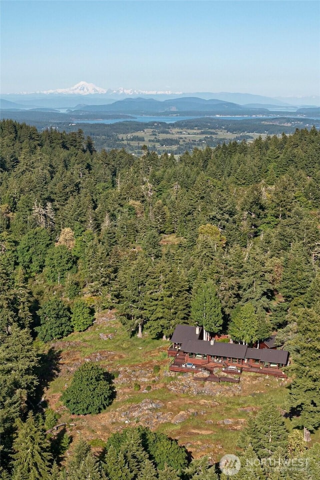 2000 Mount Dallas Rd, Friday Harbor, WA 98250 - aerial view of property and surrounding area with a forest and a mountainous background