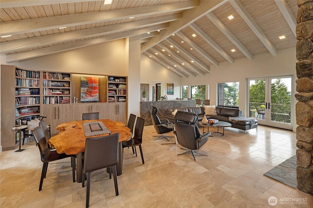 2000 Mount Dallas Rd, Friday Harbor, WA 98250 - dining space with high vaulted ceiling, a wooden ceiling with exposed beams, recessed lighting, french doors, and light stone finish flooring