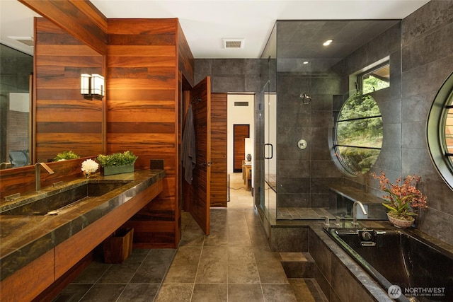 2000 Mount Dallas Rd, Friday Harbor, WA 98250 - full bath with a shower stall, tiled bath, tile walls, vanity, and recessed lighting