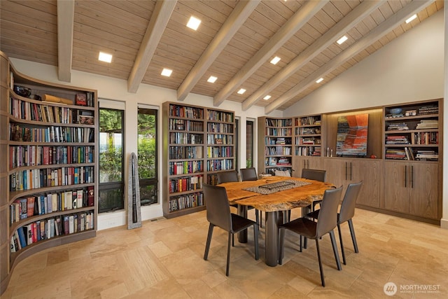 2000 Mount Dallas Rd, Friday Harbor, WA 98250 - dining area featuring a wooden ceiling with exposed beams, high vaulted ceiling, and built in shelves