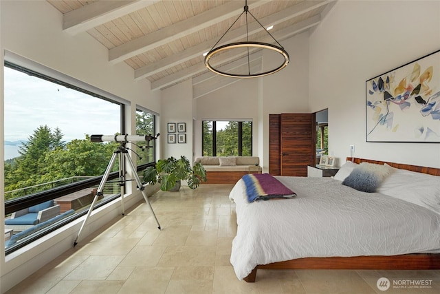 2000 Mount Dallas Rd, Friday Harbor, WA 98250 - bedroom featuring high vaulted ceiling and a wooden ceiling with exposed beams