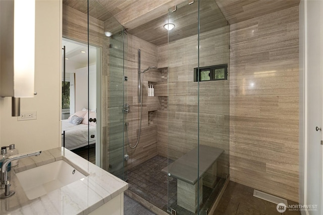 2000 Mount Dallas Rd, Friday Harbor, WA 98250 - ensuite bathroom featuring vanity, a shower stall, and wood ceiling