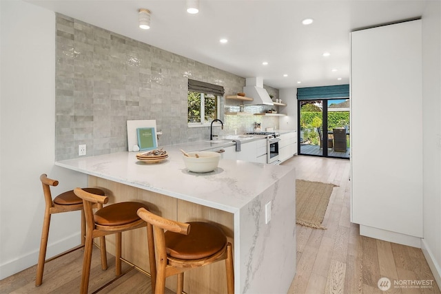 1910 Edgemont Pl W, Seattle, WA 98199 - kitchen featuring gas stove, open shelves, light wood-style floors, white cabinetry, and decorative backsplash